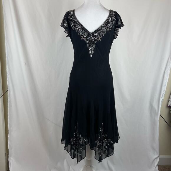 J Kara Sheer Black Beaded BalletCore Party Event Glam Midi Dress Size 8 - Picture 5 of 13